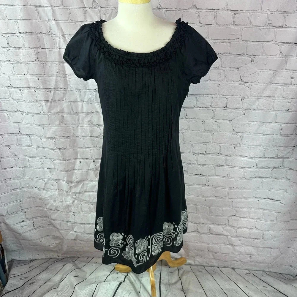 antonio melani cotton lined dress embroidered hem pleated bodice sz 10 office